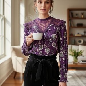 Vintage America Romantic “Fernanda” Purple Floral Lace Blouse Size XS